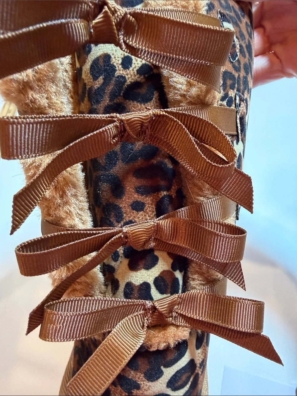 Link Girls Leopard Print Faux Fur Bow Boots Size 3 Y2K